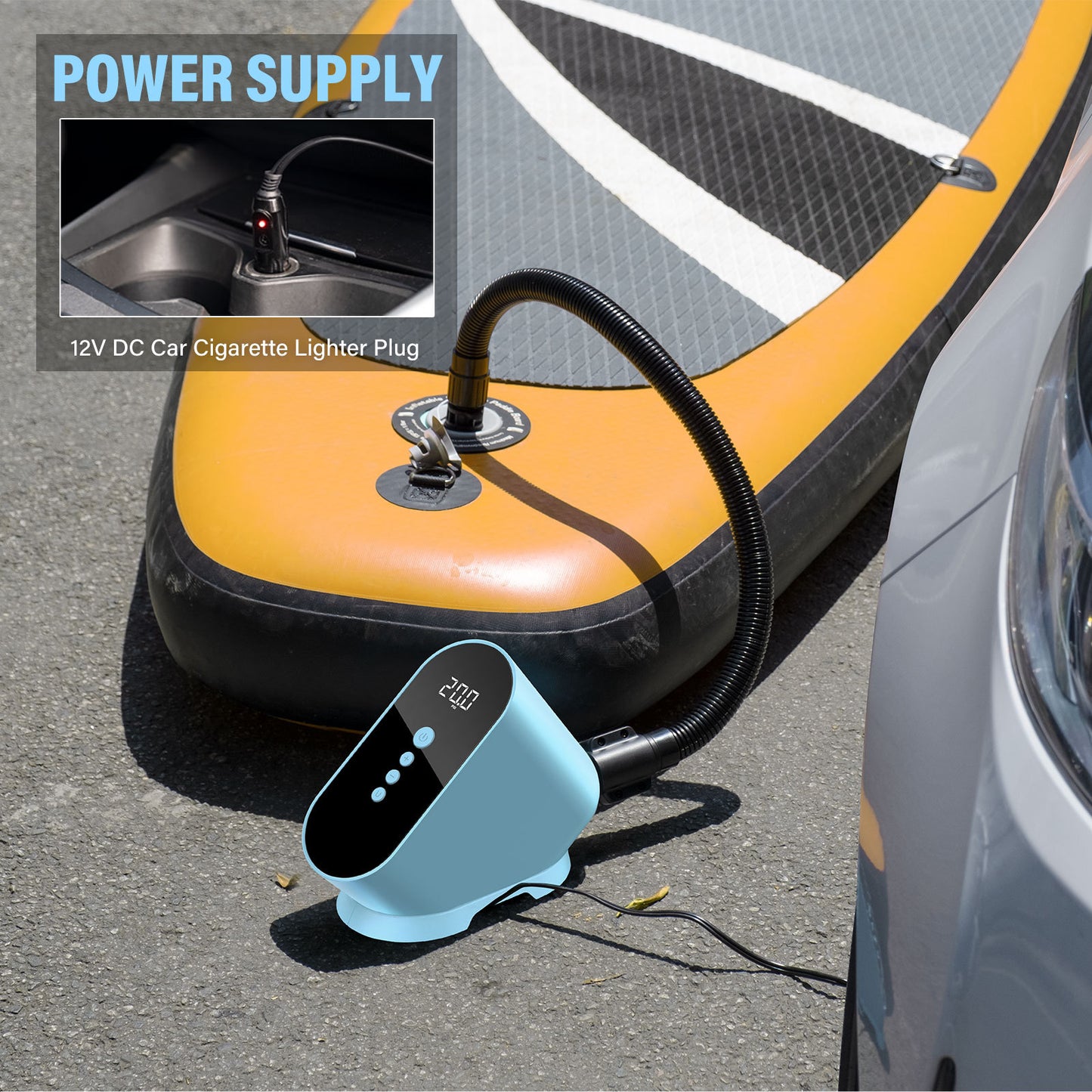 Elektrisk 12 volt luftpumpe til oppblåsbart SUP, surfebrett, kano eller kajakk