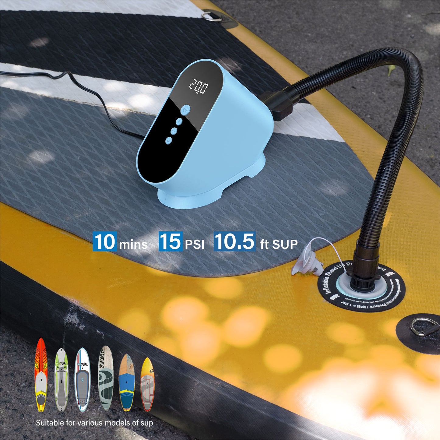 Elektrisk 12 volt luftpumpe til oppblåsbart SUP, surfebrett, kano eller kajakk